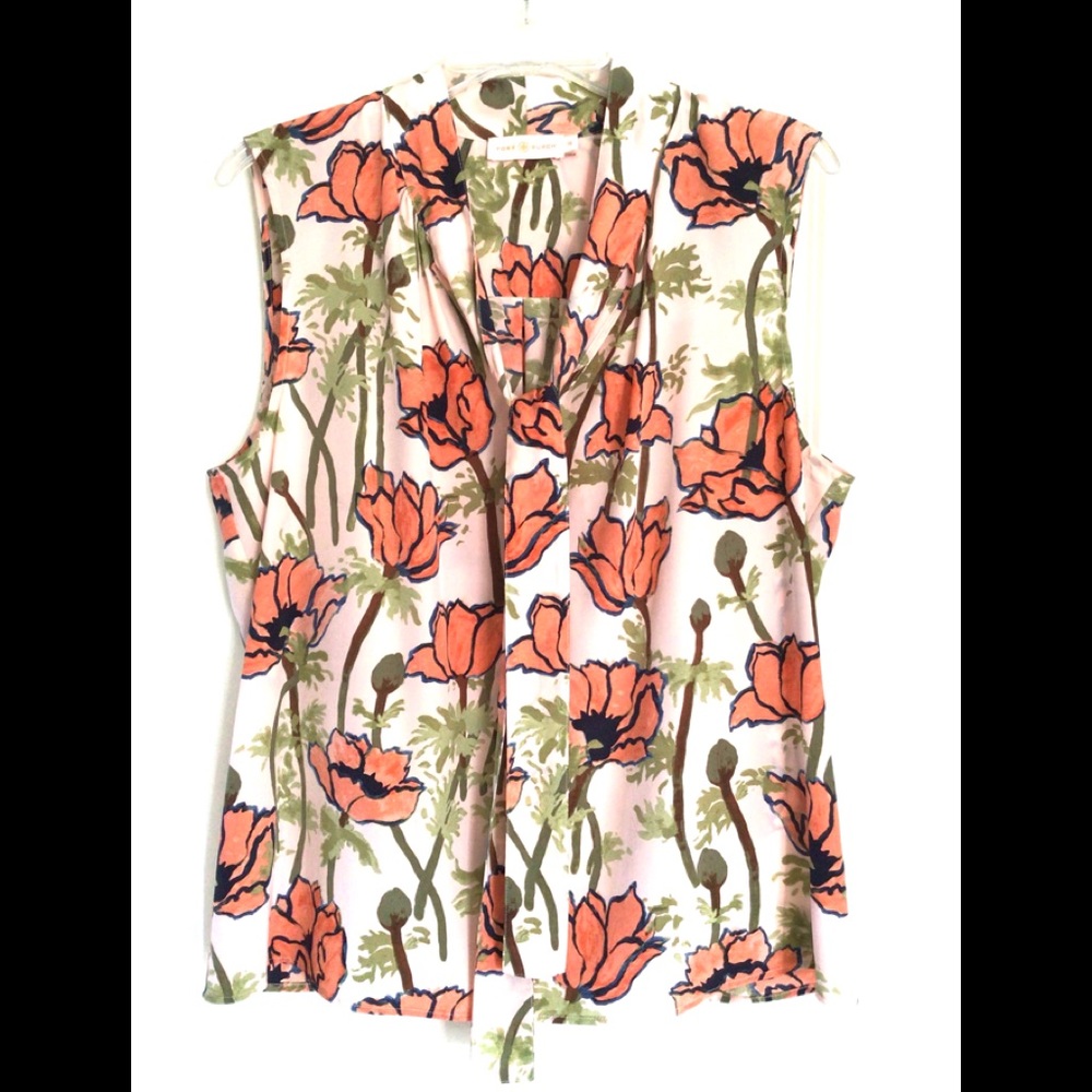 Tory Burch Pink Poppies Printed Bow Blouse size 14